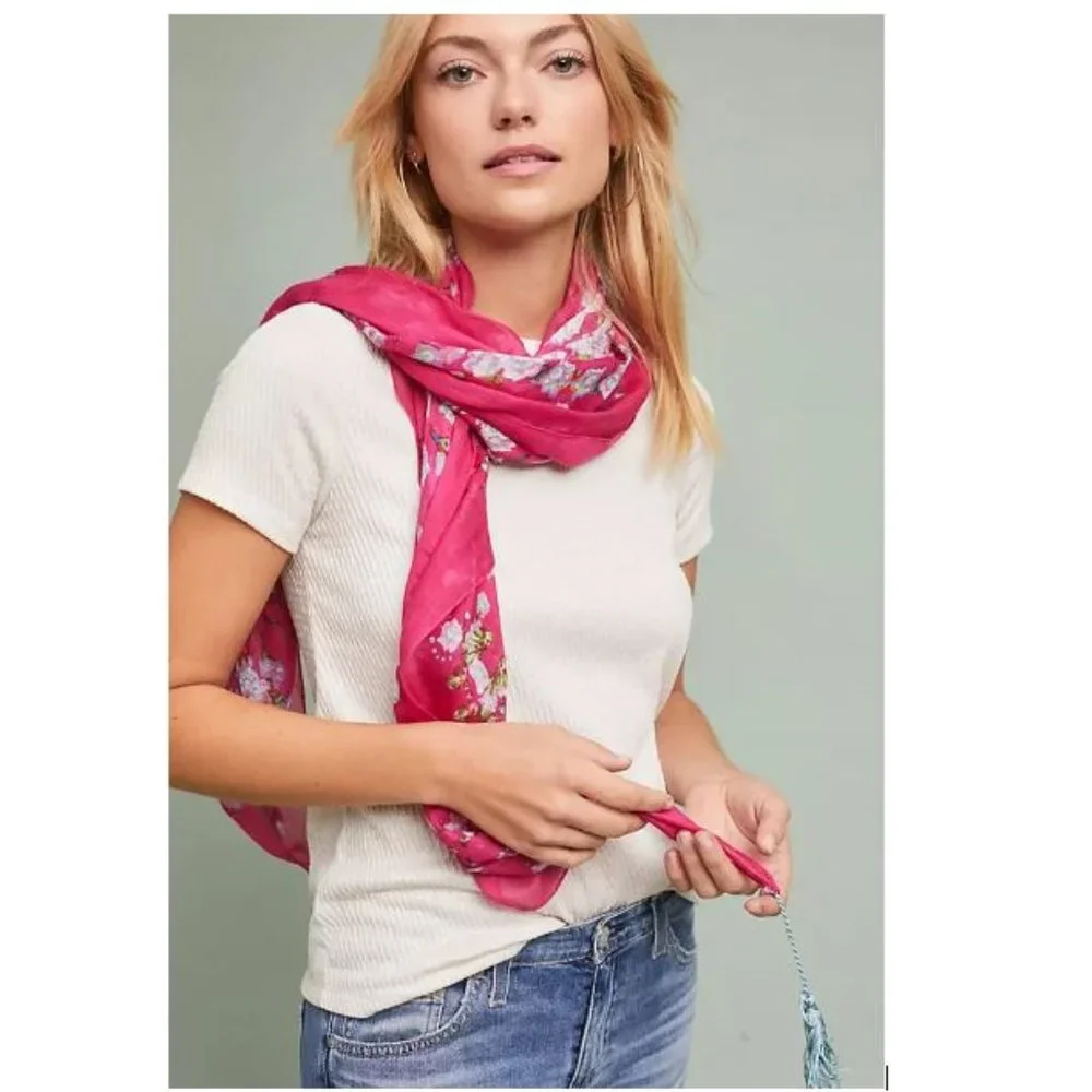 Anthropologie Everly Floral Scarf in Pink Motif with tassel ends - NWOT